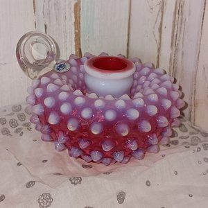 Vintage Fenton Cranberry Opalescent Hobnail Candlestick Holder